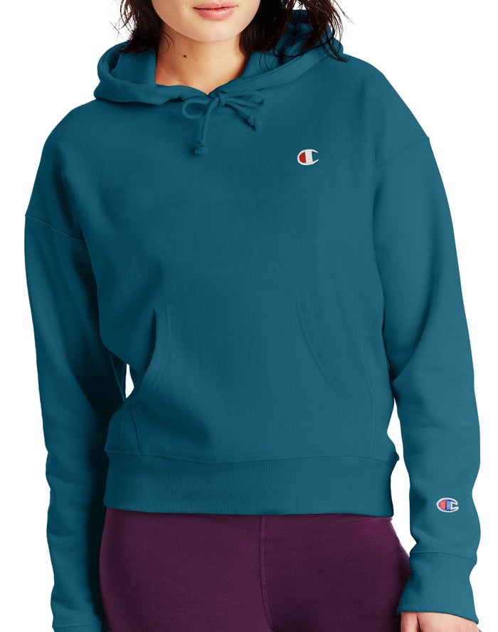 Champion Womens Hoodie NZ - Reverse Weave C Logo Blue ( 0734-XDROZ )